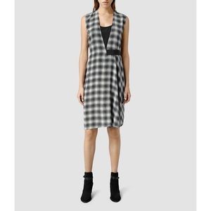 All Saints Letra Dean Plaid Belted Silk Midi Dress